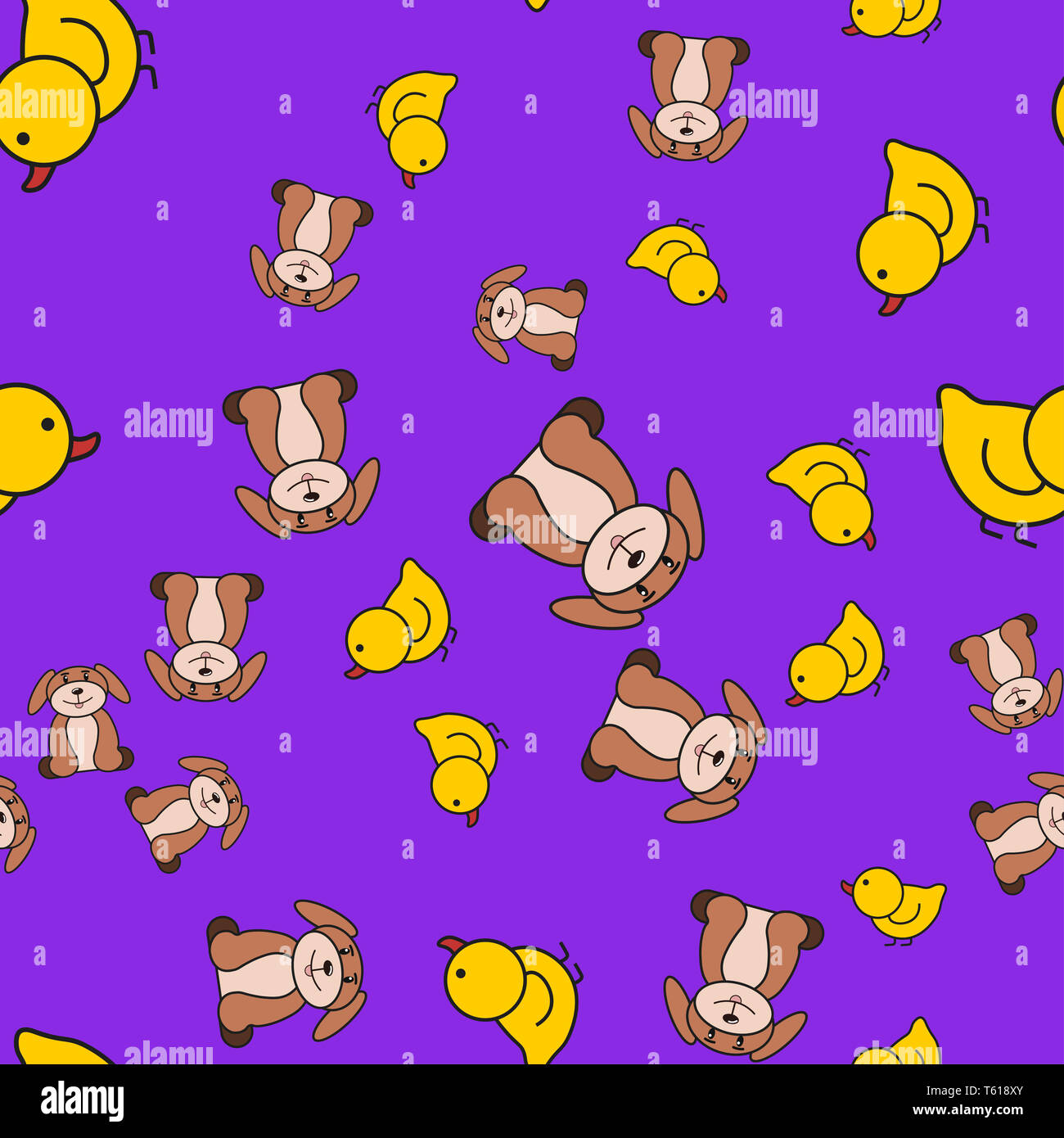 Nahtlose Muster von Entenküken und Hündchen im Comic-stil. Auf farbigen Hintergrund, Illustration. Stockfoto