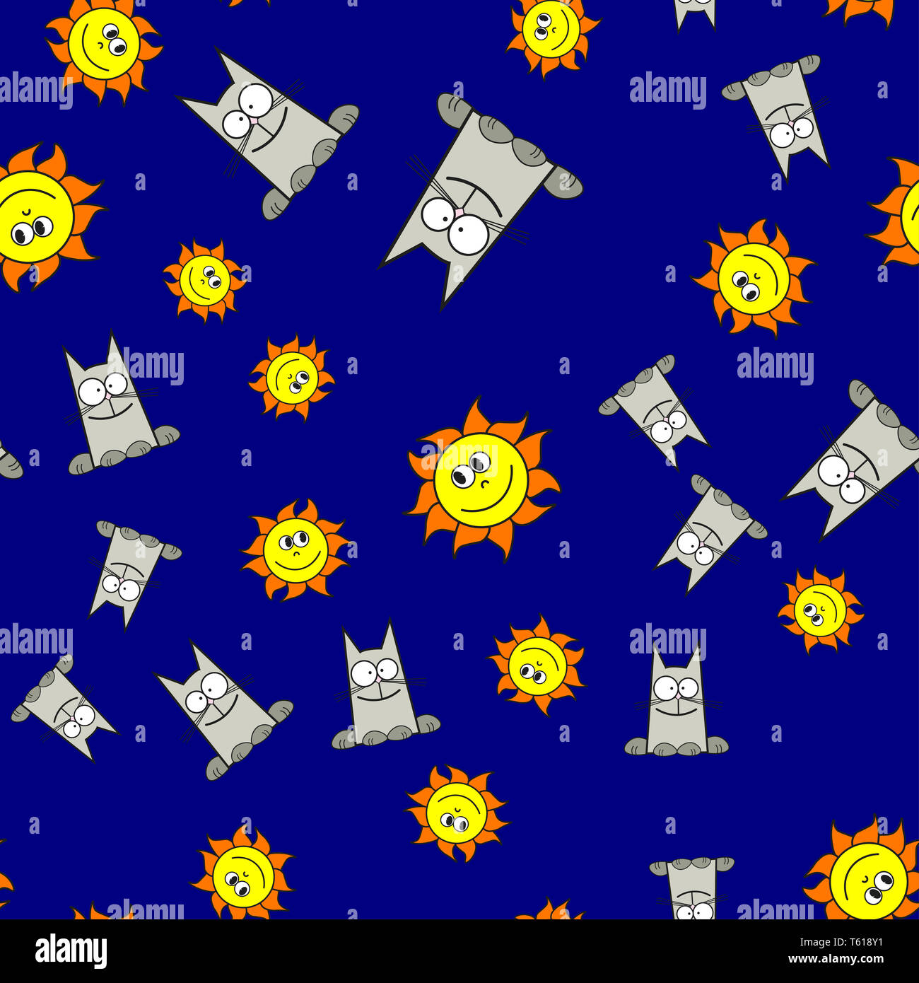 Nahtlose Muster von Katzen und Sonnen im Comic-stil. Auf farbigen Hintergrund, Illustration. Stockfoto