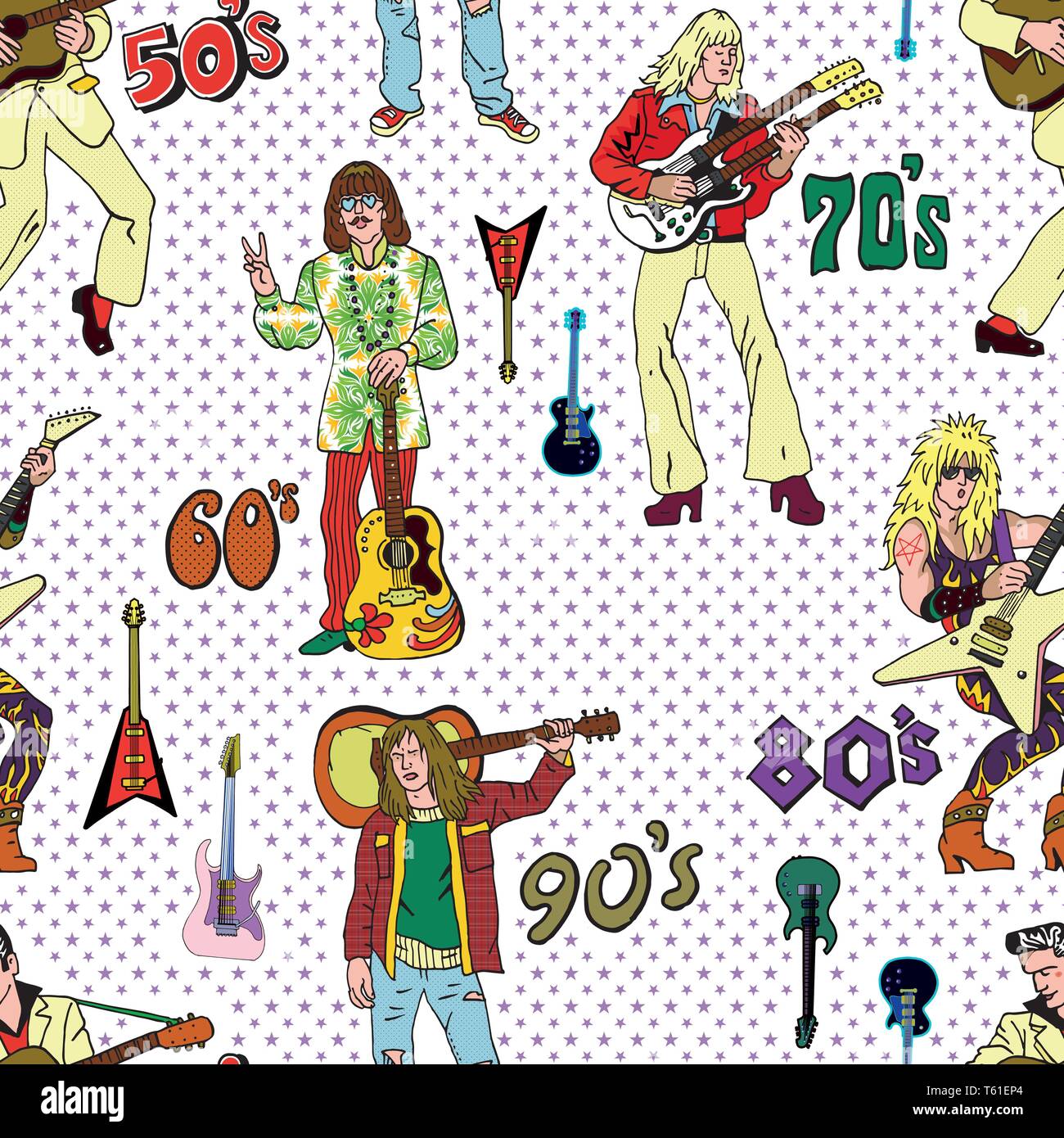Rock Stars und Gitarren retro Comic Stil nahtlose Muster. Beliebte 20. Jahrhundert Rock Musik Genres: 50s Rock'n'Roll, 60er Hippie, 70s Progressive Rock, Stock Vektor