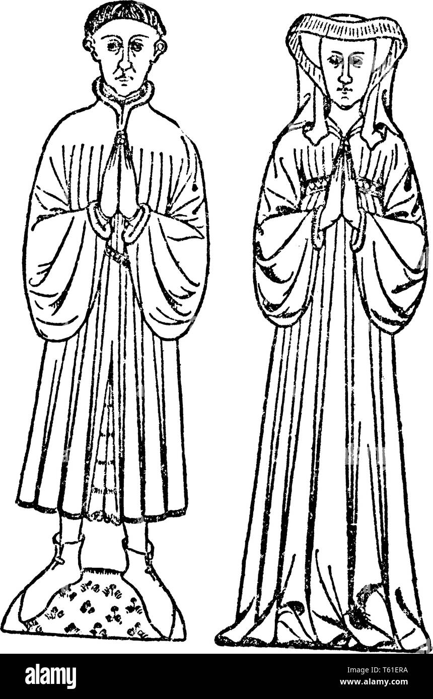 Ein Gentleman und seine Frau steht mit gefalteten Händen im Gebet, vintage Strichzeichnung oder Gravur Abbildung Stock Vektor