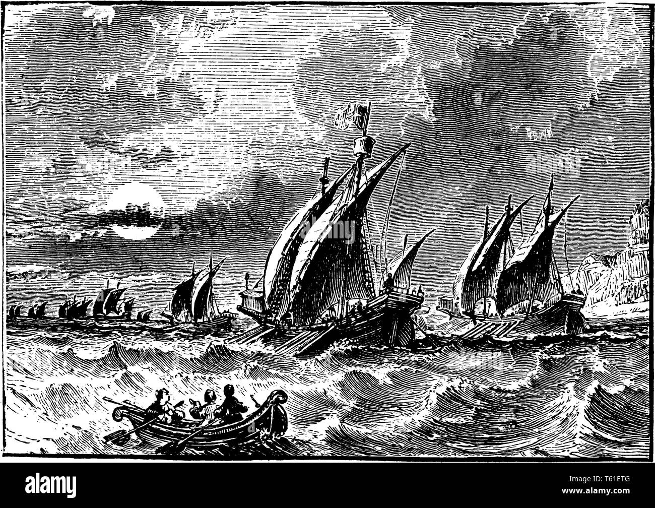 Vierzehnten Jahrhundert Schiffe wurden in Bristol Kings Lynn und Grimsby, vintage Strichzeichnung oder Gravur Abbildung gebildet. Stock Vektor