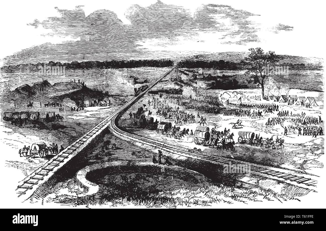 Manassas ist eine unabhängige Stadt des Commonwealth von Virginia, vintage Strichzeichnung oder Gravur Abbildung. Stock Vektor