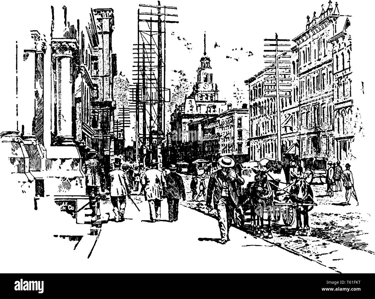 Diese Abbildung stellt eine Geschäftsstraße in Detroit 1899, vintage Strichzeichnung oder Gravur Abbildung. Stock Vektor