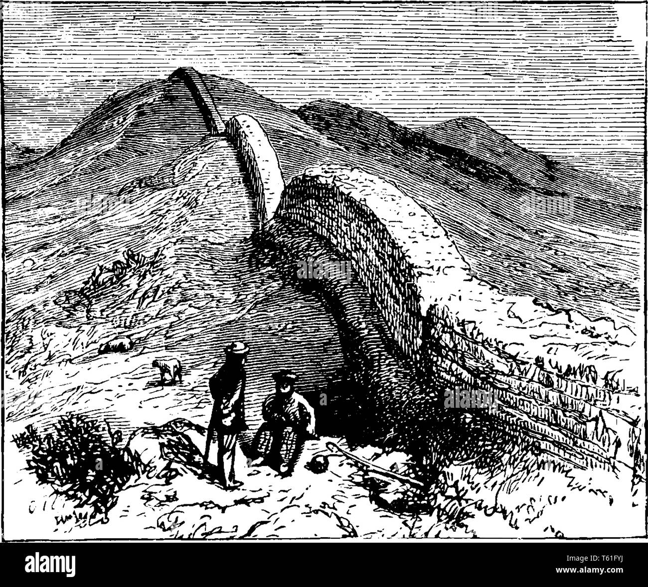 Hadrian's Wall ist ein Stein und Turf Anreicherung durch das Römische Reich über die gesamte Breite von, was jetzt in Nordengland, vintage Strichzeichnung oder eng gebaut Stock Vektor