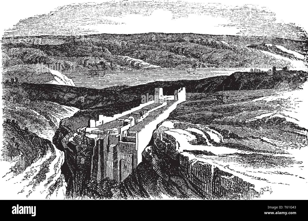 Toten Meer ist an der Grenze zu Israel, der Westbank und Jordanien ist ein Salt Lake, deren Banken sind mehr als 400m unter dem Meeresspiegel, vintage Strichzeichnung oder engra Stock Vektor