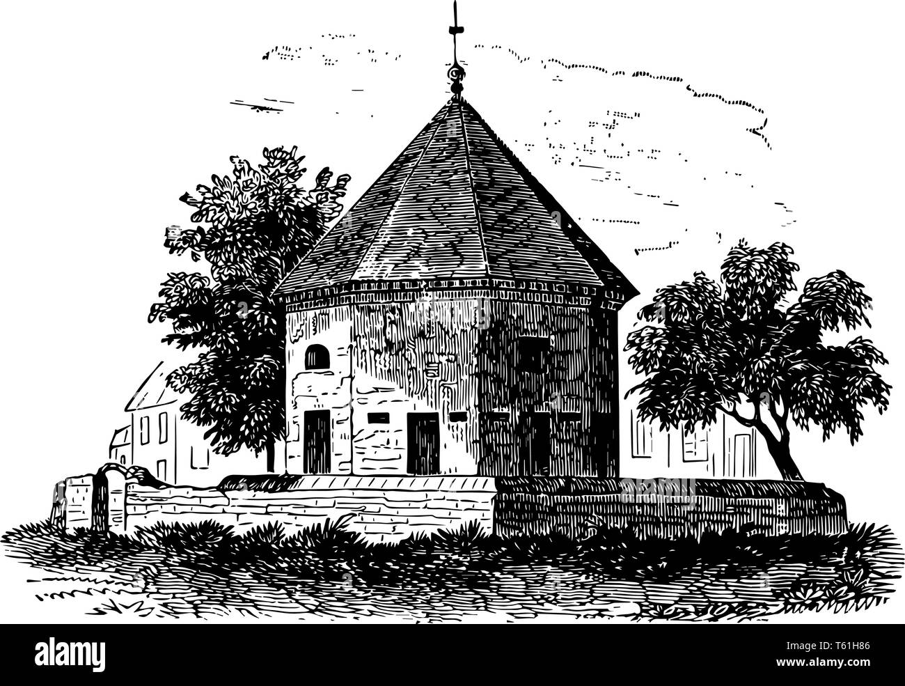 Das alte Magazin ist das historische Wahrzeichen in Williamsburg, Virginia 1715 von Gouverneur Spotswood vintage Zeichnung gebaut. Stock Vektor