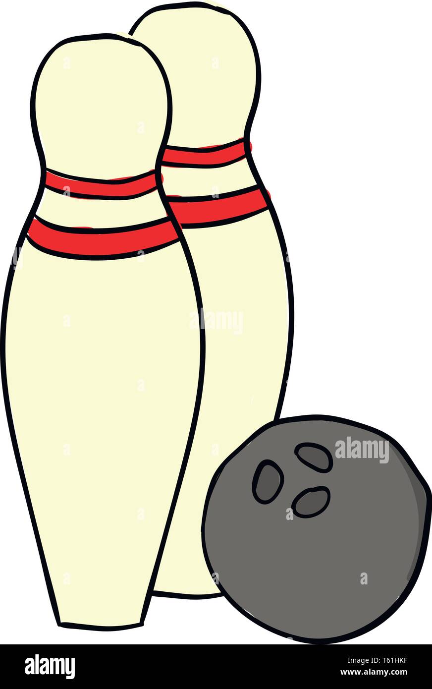 Ein graues Bowling Ball neben zwei gelbe Bowling Pins mit zwei roten Bändern am Hals jeder Vektor Farbe, Zeichnung oder Abbildung Stock Vektor