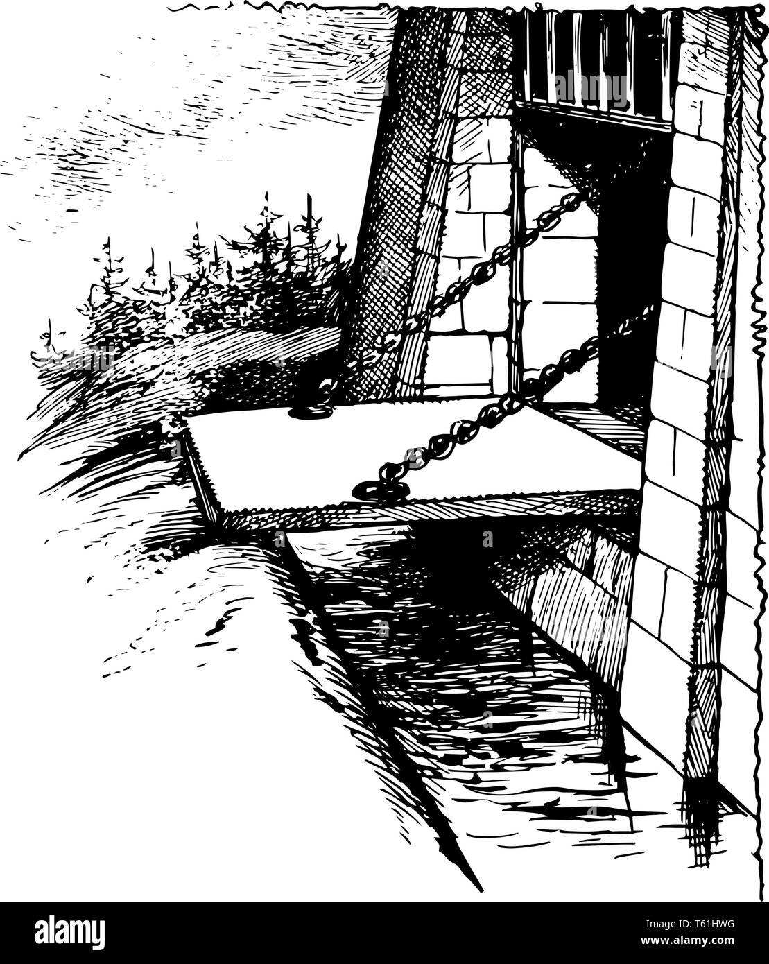 Zugbrücke ist bewegliche Brücke, die in der Regel mit den Eingang eines Schlosses, das auch als Graben oder Graben, die durch hölzerne Brücke überquert wird, Stock Vektor