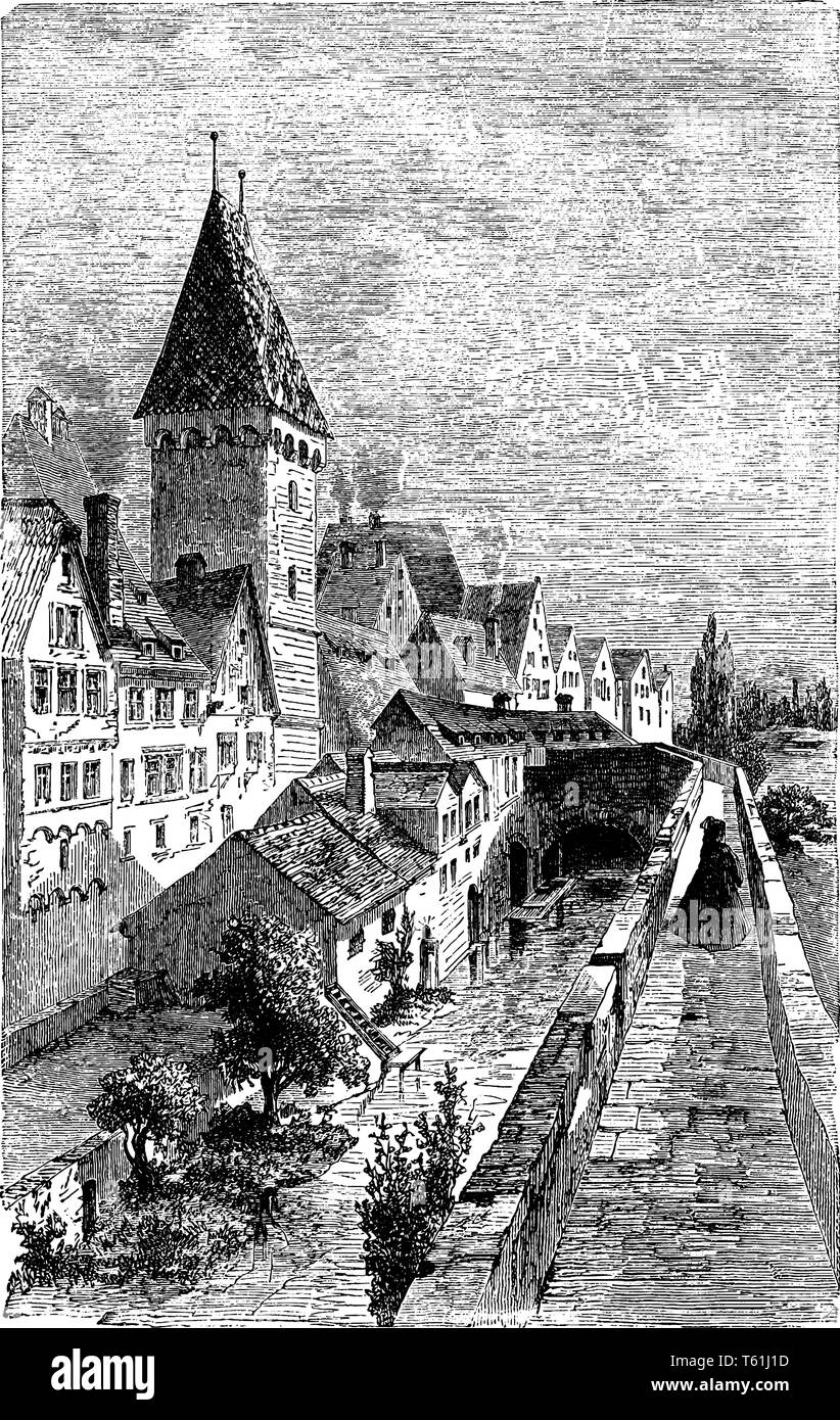 Stadtmauer von Ulm, als die Römer eroberten das Land und verteidigten ihre Position ausnutzen, indem er eine Mauer, vintage Strichzeichnung oder Gravur illu Stock Vektor