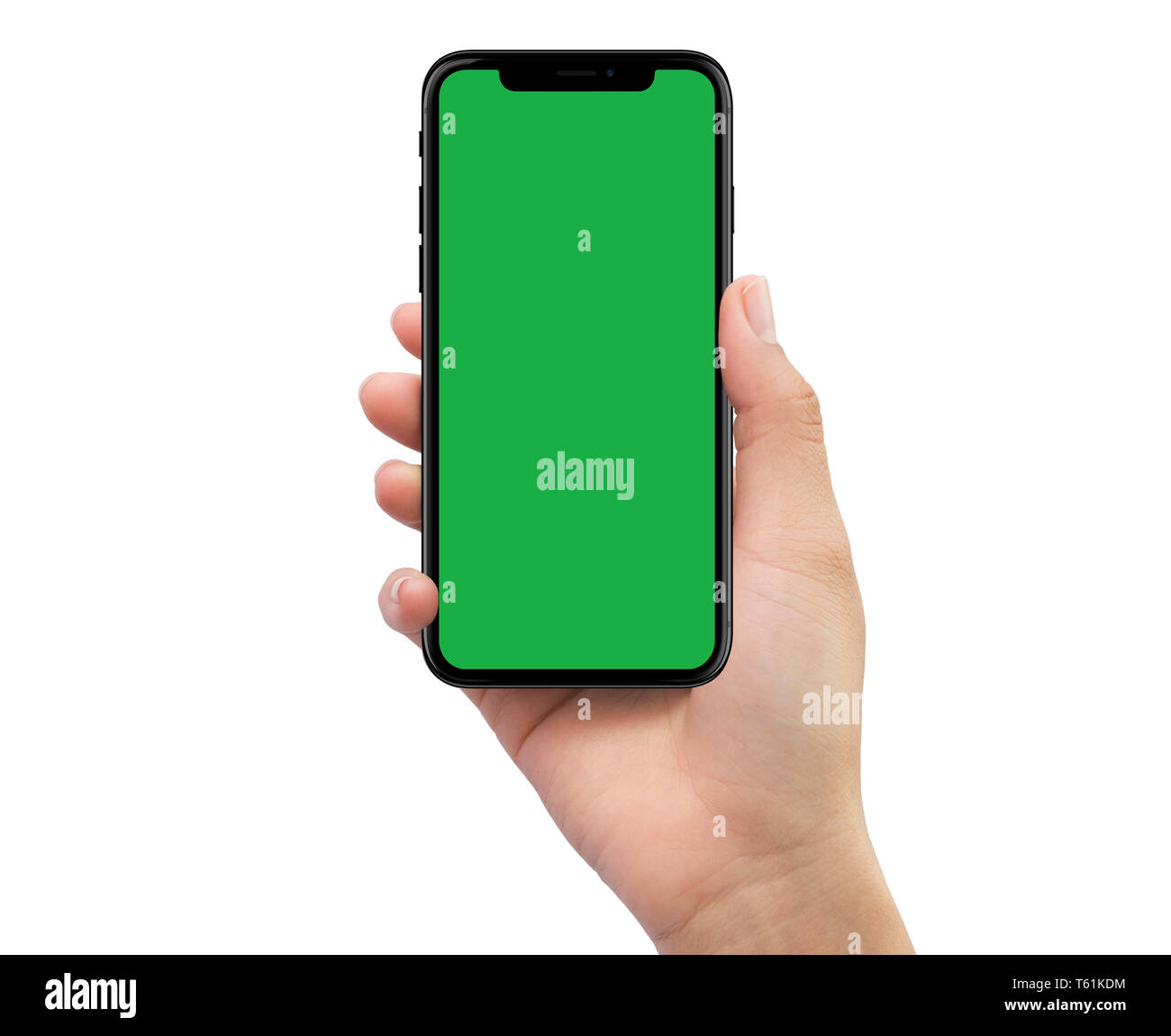 Isoliert isolierte menschliche Rechte Hand schwarz Mobile Smartphone mit Green Screen Stockfoto