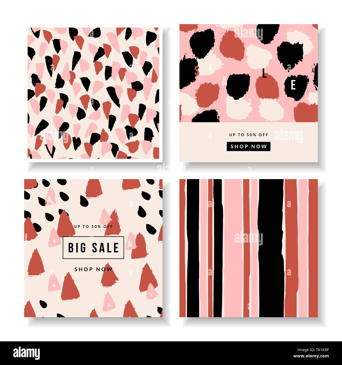 Ein Satz von vier quadratischen Design Templates mit abstrakten Formen und Texturen. Kreative moderne Kunst Vektorgrafiken, soziale Medien Beiträge, Newsletter desi Stock Vektor