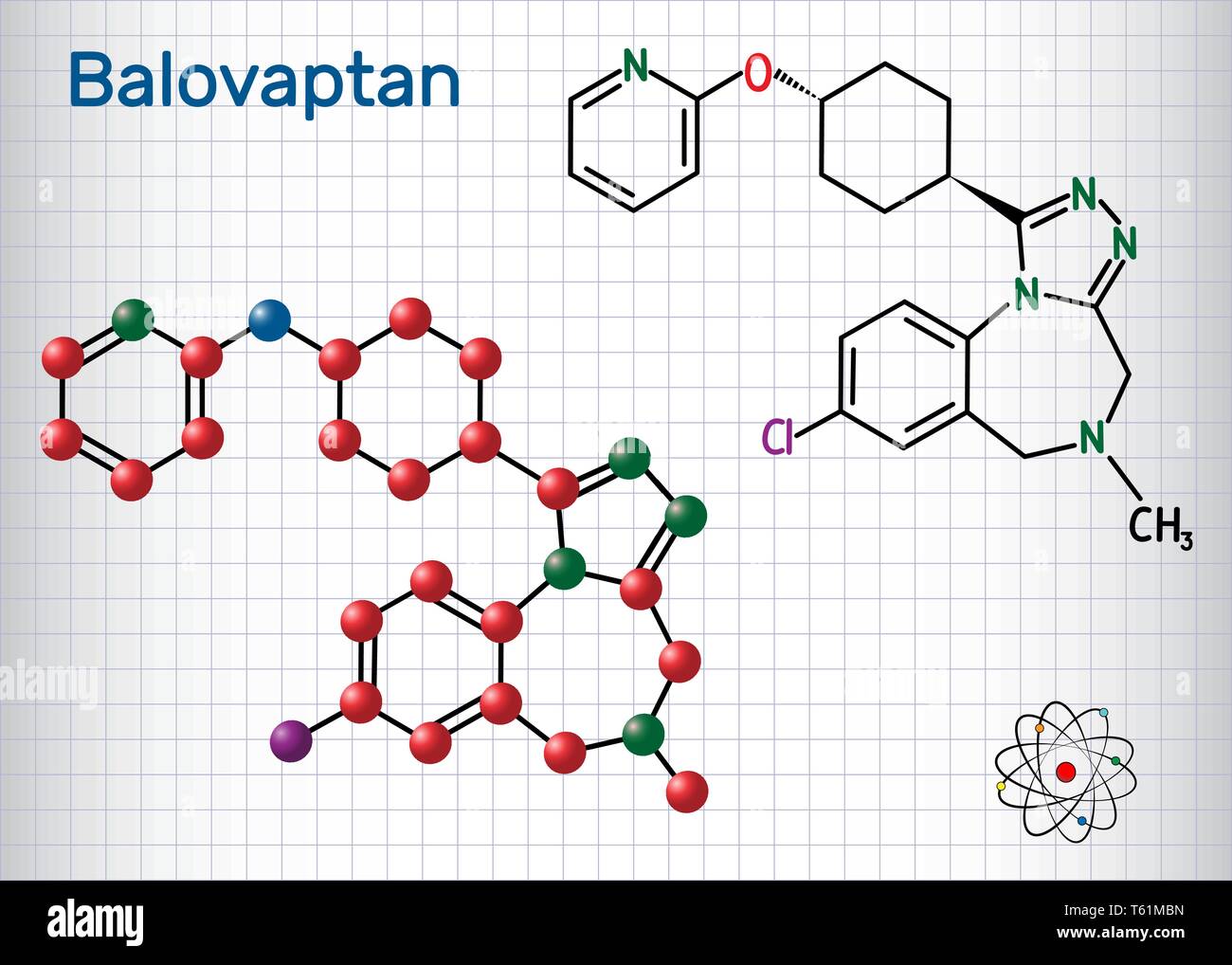 Balovaptan Molekül. Ist Medikament für die Behandlung von Autismus. Strukturelle chemische Formel und Molekül-Modell. Blatt Papier in einem Käfig. Vektor illustratio Stock Vektor