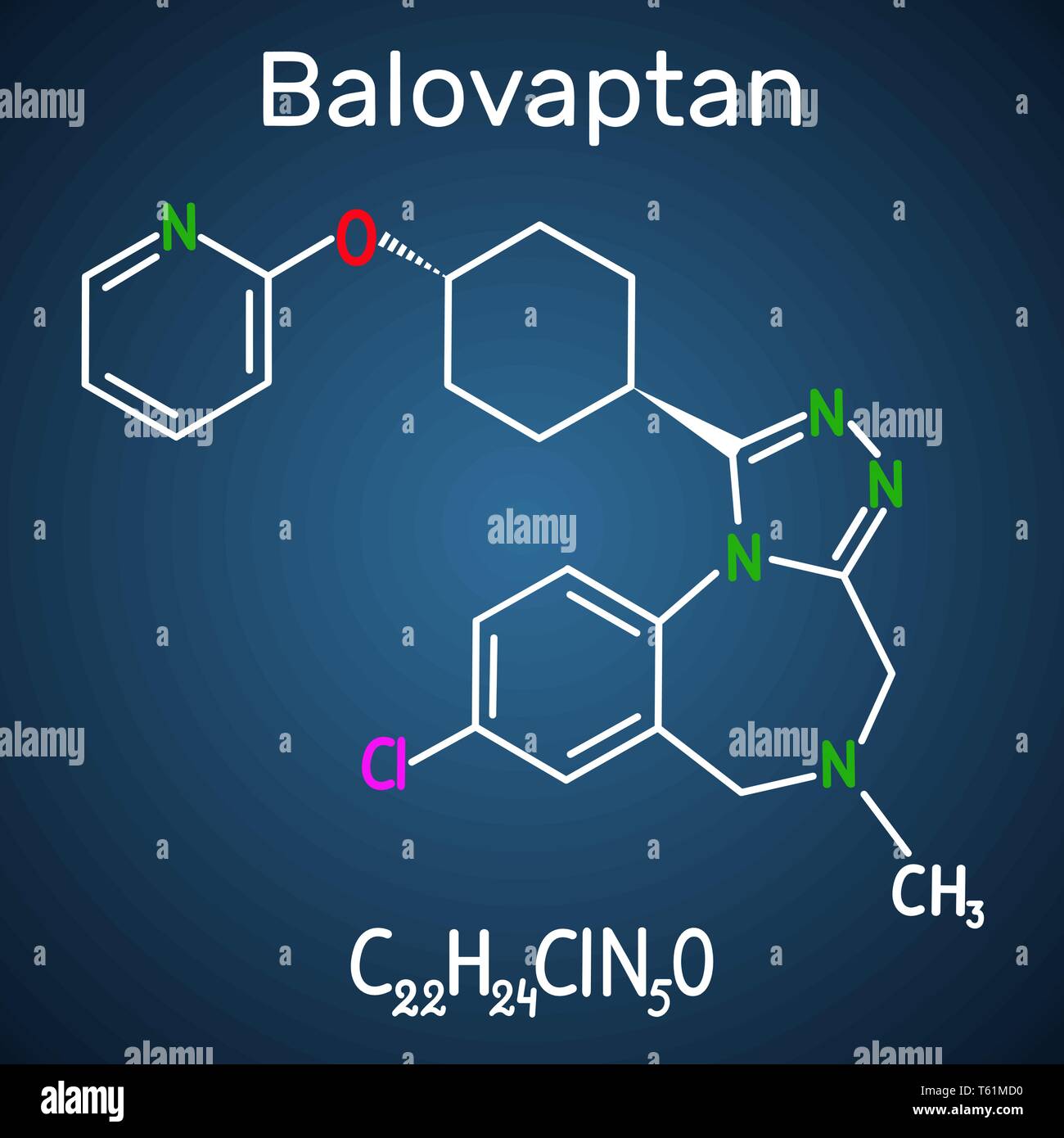 Balovaptan Molekül. Ist Medikament für die Behandlung von Autismus. Strukturelle chemische Formel und Molekül Modell auf dem dunkelblauen Hintergrund. Vektor Lllustrat Stock Vektor