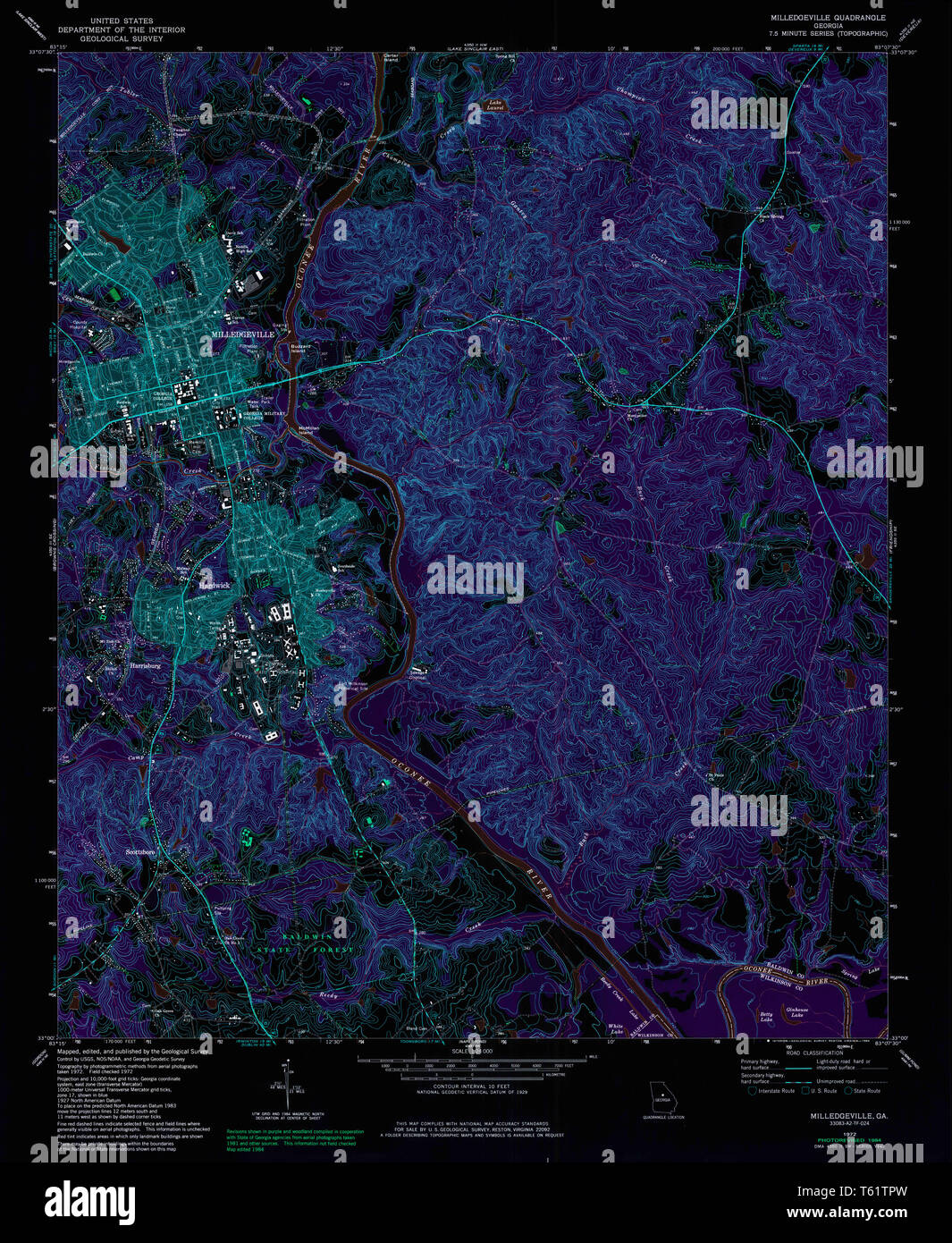 USGS TOPO Karte Georgia ga Milledgeville 246386 1972 24000 invertiert Wiederherstellung Stockfoto