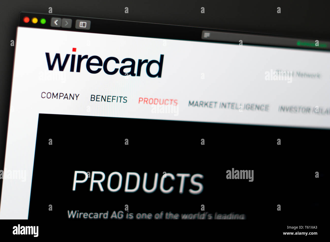 Wirecard Startseite. Nahaufnahme von Wirecard Logo. Kann als illustrative für Medien, Marketing oder Business Konzept verwendet werden. Stockfoto
