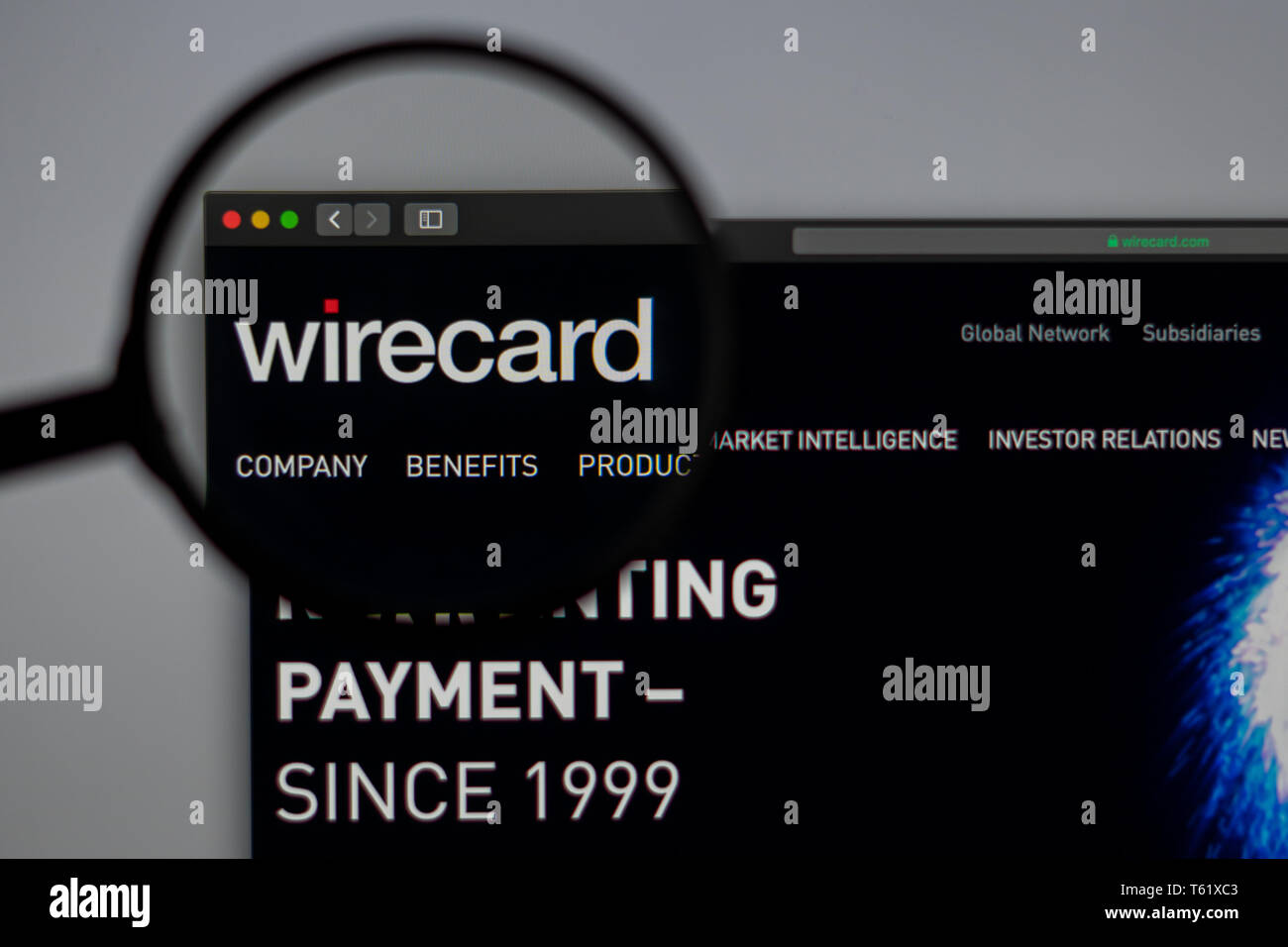 Wirecard Startseite. Nahaufnahme von Wirecard Logo. Kann als illustrative für Medien, Marketing oder Business Konzept verwendet werden. Stockfoto