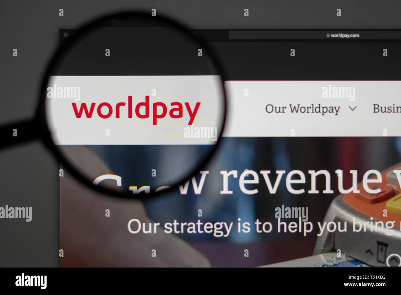 Worldpay Startseite. Nahaufnahme von Worldpay Logo. Kann als illustrative für Medien, Marketing oder Business Konzept verwendet werden. Stockfoto