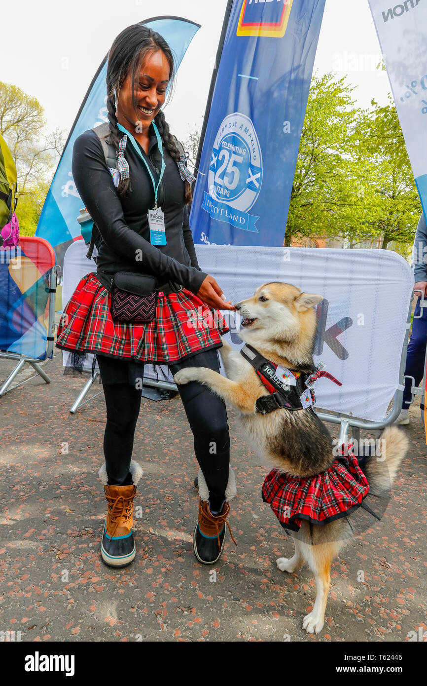 Glasgow, UK. 28 Apr, 2019. Eine rekordverdächtige 13.000 Wanderer nahm auf dem Glasgow Nächstenliebe Kiltwalk und schätzungsweise 3,5 Mio. £ für Nächstenliebe. Für viele der Weg begann in Glasgow Green, Fortgeschritten entlang der Clydeside und endet an der Kiltwalk Dorf in Balloch, Loch Lomond 23 Meilen entfernt. Bild von FENELLA POL, von Glasgow und ihrem 11 Monate alten POLO Ponsky genannt, sowohl in die passende Kilts. Credit: Findlay/Alamy leben Nachrichten Stockfoto