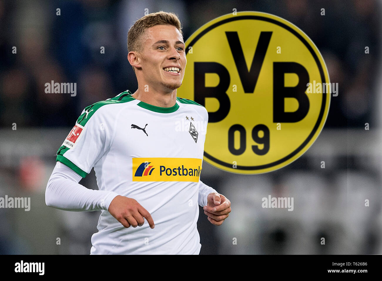 Borussia Mönchengladbach, Deutschland. 28 Apr, 2019. Foto Montage: Top-Transfer fast fix Gefahr bestätigt Einigung mit dem BVB. Stock Bild: Jubel Thorgan Gefahr (MG) nach seinem Ziel, 3:0, Fußball 1. Fussballbundesliga, 8. Spieltag, Borussia Mönchengladbach (FS) FSV FSV Mainz 05 (MZ) 4:0, am 21.10.2018 im Borussia Mönchengladbach/Deutschland. DFL Bestimmungen verbieten die Verwendung von Fotografien als Bildsequenzen und/oder quasi-video ### Nutzung weltweit/dpa/Alamy leben Nachrichten Stockfoto