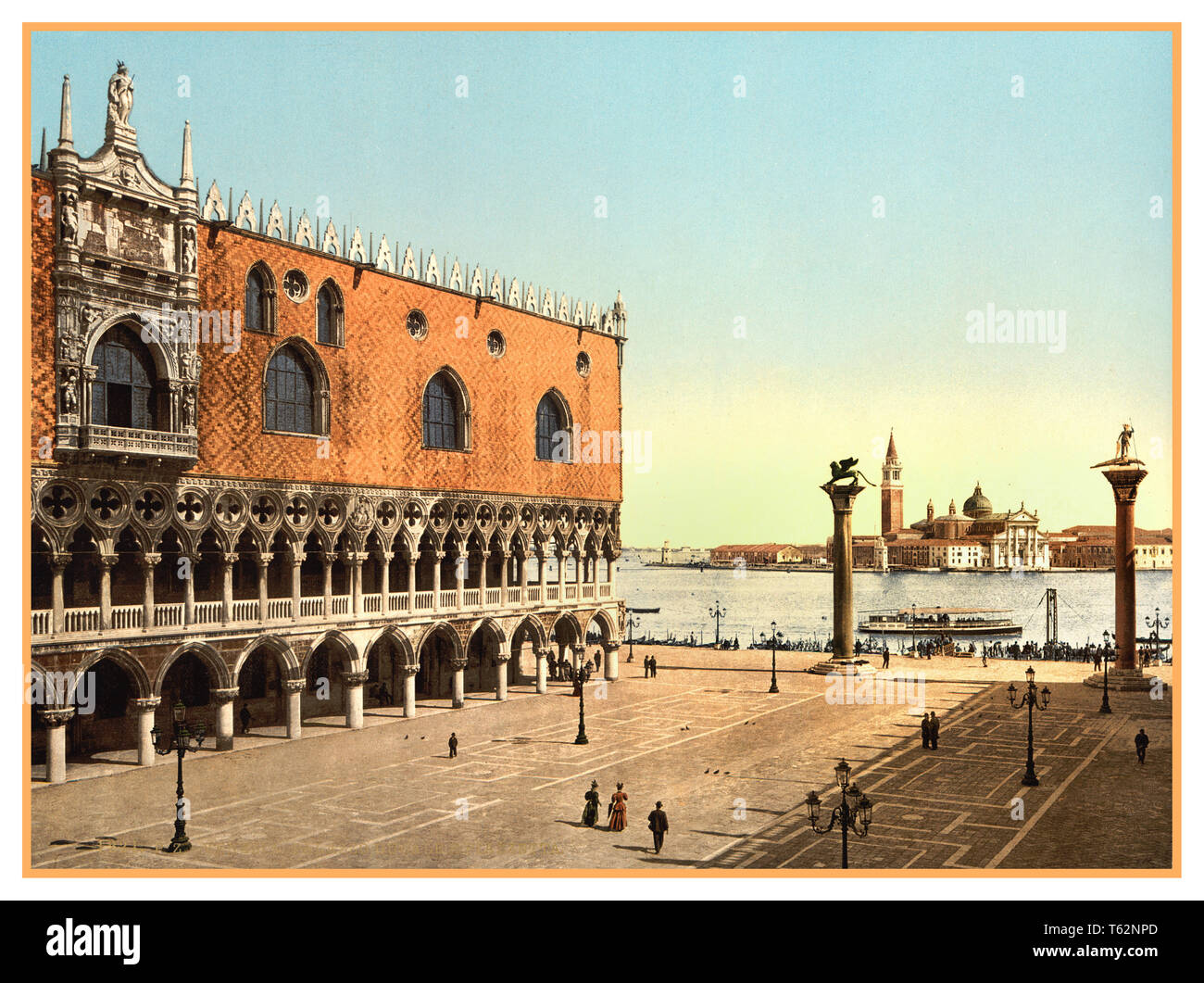 Jahrgang Archiv historische Venedig Photochrom der Dogenpalast und der Piazzetta mit Hafen Venedig, San Giorgio Maggiore, Palladio Kirche im Hintergrund Markusplatz Venedig Italien 1890 Stockfoto
