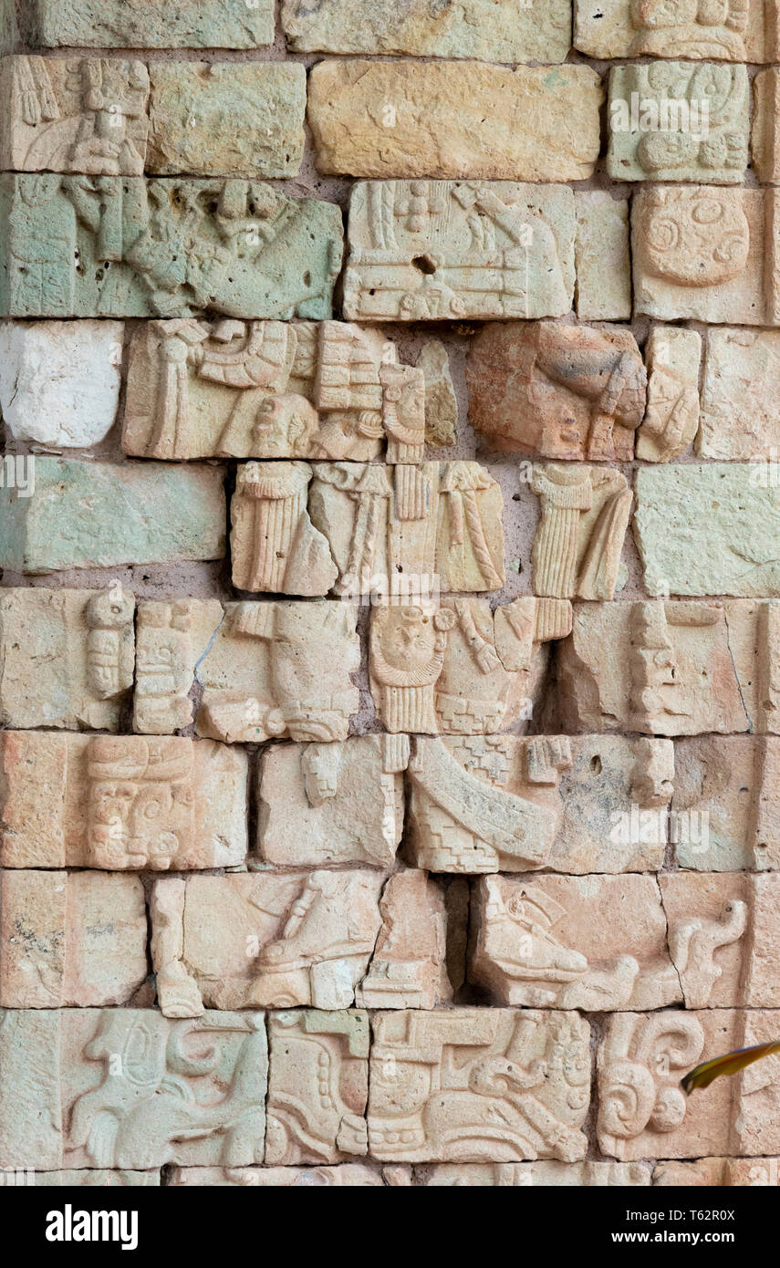 Copan Honduras - Skulpturen aus dem Grab des Königs Yas Pasaj Chan Yopaat, 16 Maya König, Copan, Copan Ruinen der Maya, Copan, Honduras, Mittelamerika Stockfoto