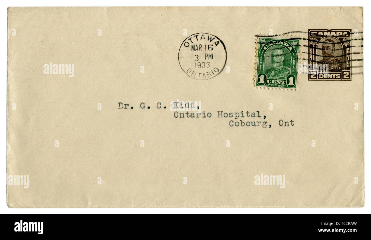 Kanadische historische Umschlag: Abdeckung mit braunem Aufdruck Stempel, zwei Cent und grünen Stempel ein Cent, George V Profil, König von Großbritannien, 1933 Stockfoto