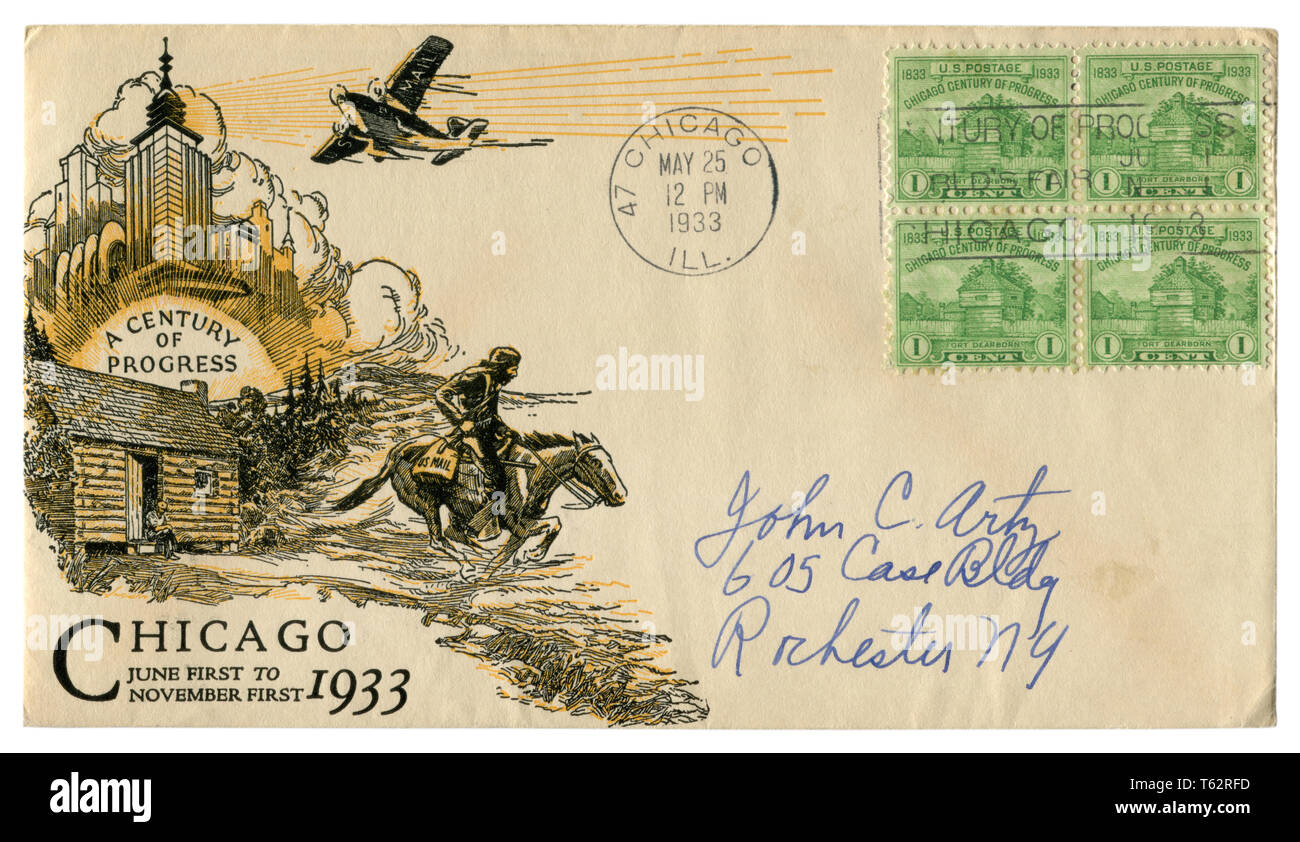 Uns historische Umschlag: Abdeckung mit Kunst Gütesiegel Jahrhundert des Fortschritts, vier grüne Briefmarken einen Cent, Fort Dearborn, die Absage World Fair 1933 Stockfoto