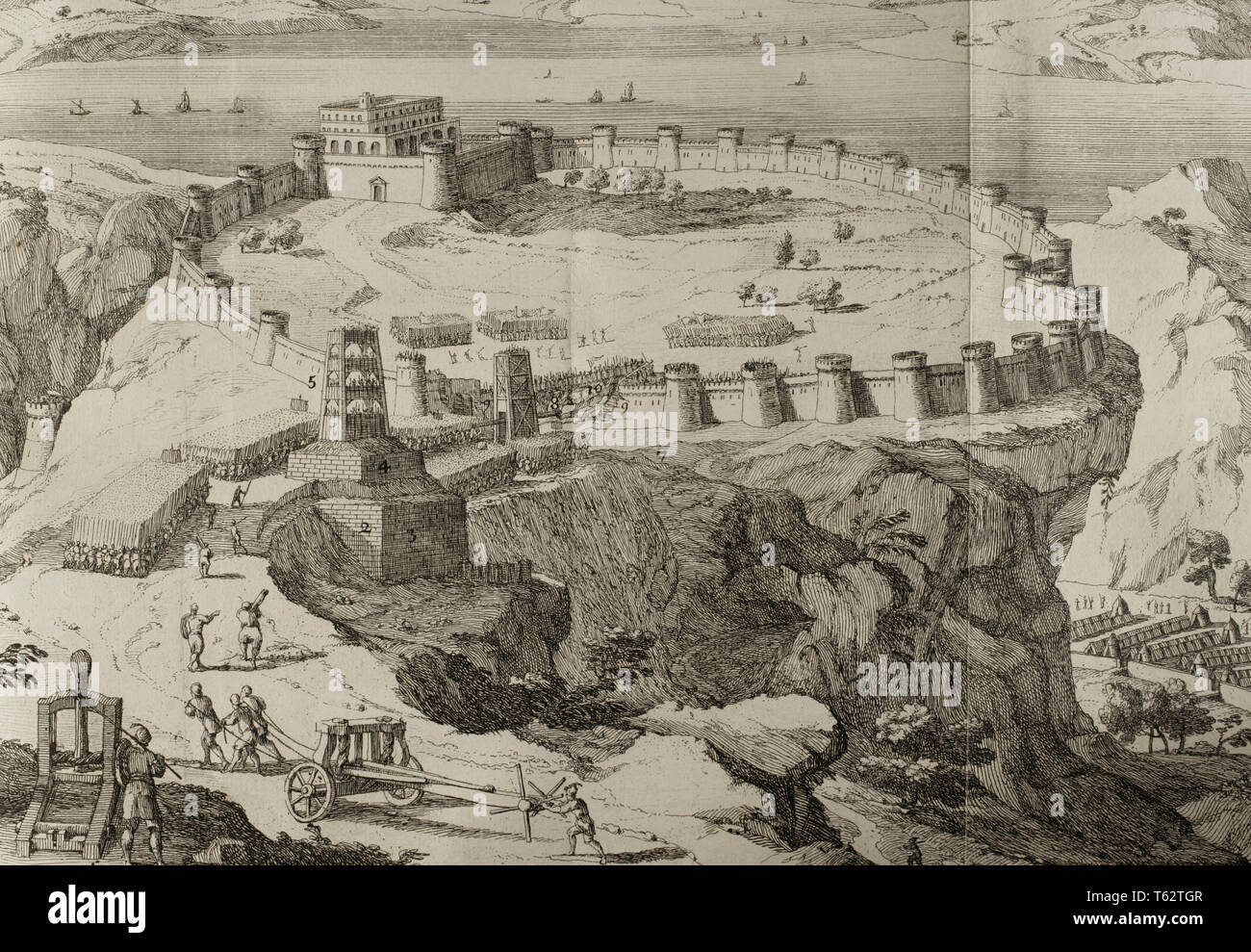 Geschichte von polybius. Band II. Französische Ausgabe aus dem Griechischen übersetzt von Dom Vincent Thuillier. Kommentare der militärischen Wissenschaft angereichert mit kritischen und historische Notizen von M. de Folard. Paris, Chez Pierre Gandouin, Julien-Michel Gandouin, pierre-francois Giffart und Nicolas-Pierre Armand, 1727. Drucken von Jean-Baptiste Lamesle. Erste Jewish-Roman Krieg. Belagerung von Masada von Lucius Flavius Silva, 72-73 AD. Die Römer das Plateau mit einer Steinmauer umgeben, eine grosse Rampe und baterring Rams und Belagerungsmaschinen. Römische Sieg. Stockfoto