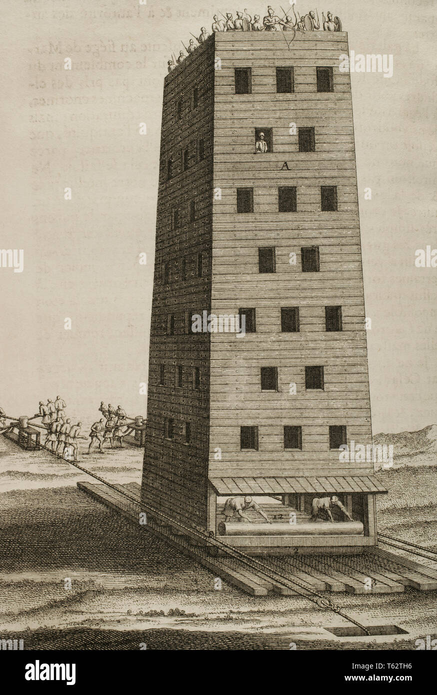 Geschichte von polybius. Band II. Französische Ausgabe aus dem Griechischen übersetzt von Dom Vincent Thuillier. Kommentare der militärischen Wissenschaft angereichert mit kritischen und historische Notizen von M. de Folard. Paris, Chez Pierre Gandouin, Julien-Michel Gandouin, pierre-francois Giffart und Nicolas-Pierre Armand, 1727. Drucken von Jean-Baptiste Lamesle. Gallischen Kriege. Militärischen Konflikt zwischen Julio Cesar und die gallischen Stämme, 58-51 BC. Belagerung von Namur, 54 BC. Kupferstich mit der Darstellung eines mobilen Belagerungsturm, auf Baumstämmen befestigt und von Soldaten mit Hilfe der Kurbeln geschoben. Gravur. Stockfoto