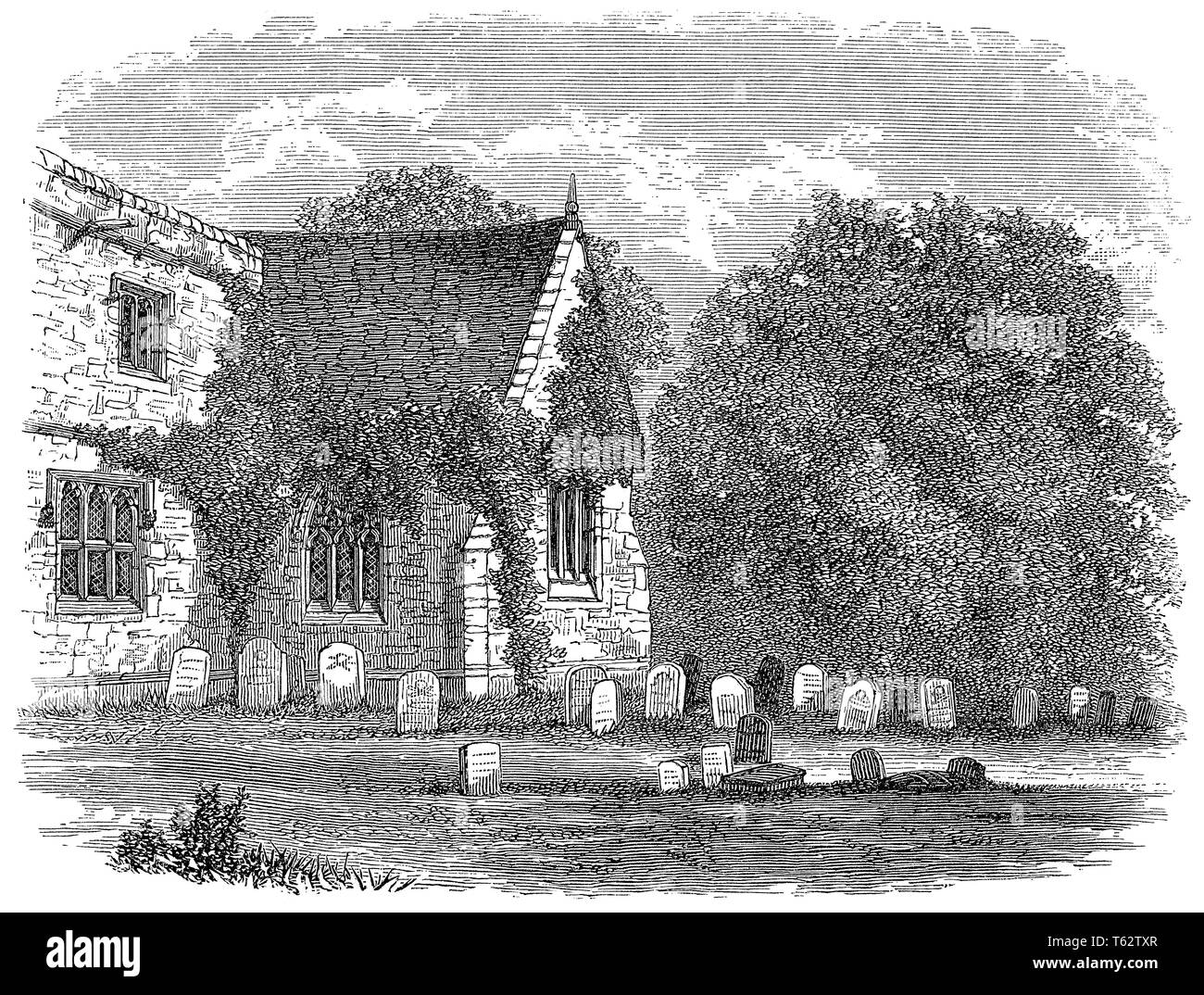1891 Gravur der Friedhof von St. Michael Pfarrkirche, Cumnor, Oxfordshire, England. Stockfoto