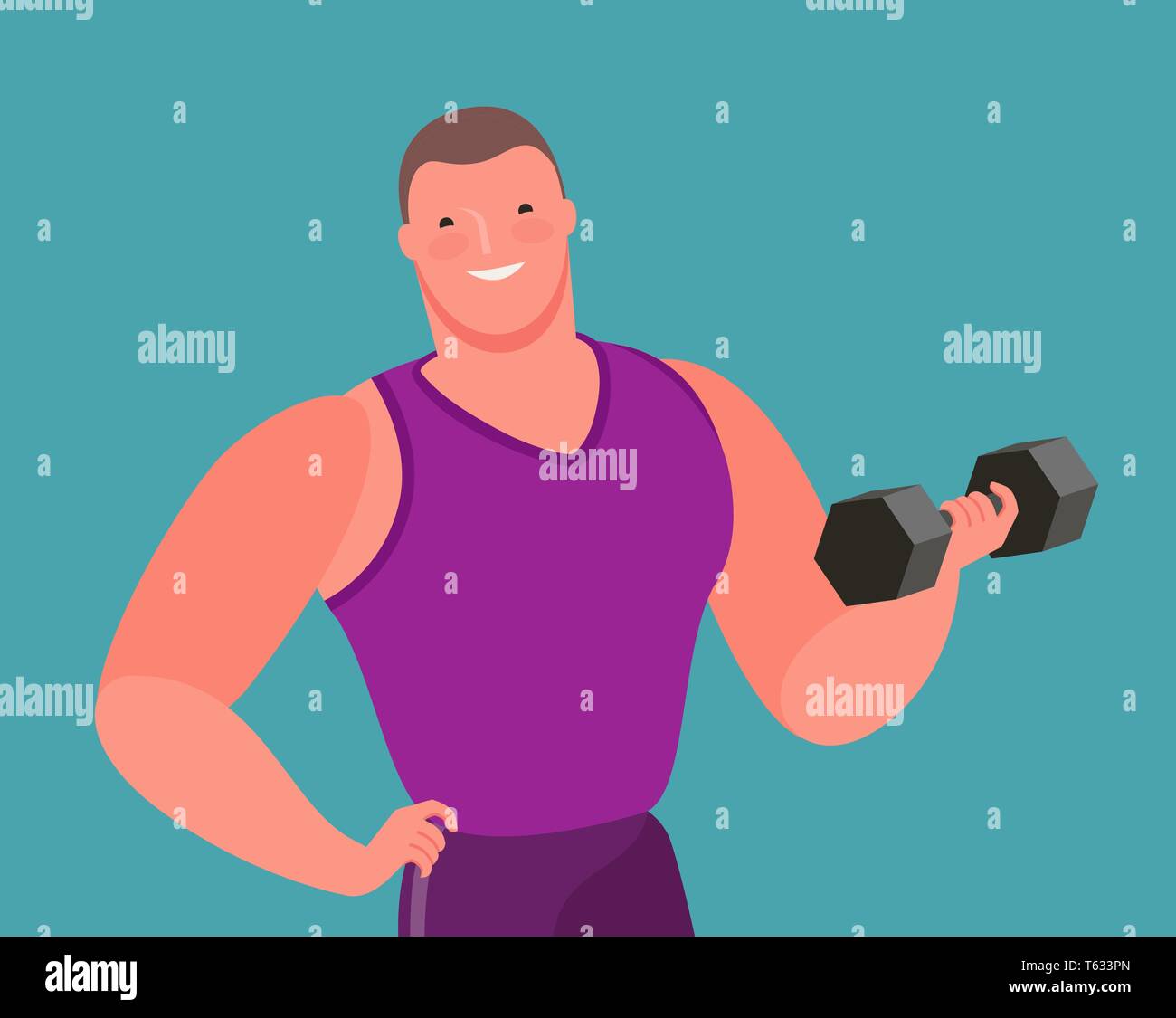 Muskulöse Bodybuilder hebt schwere Hantel. Fitnessraum, cartoon Vector Illustration Stock Vektor