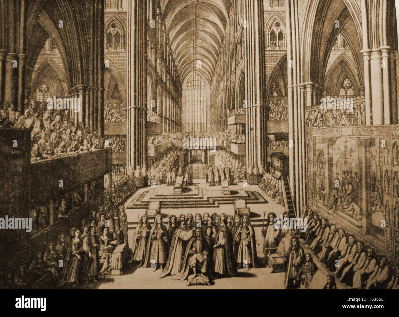 Eine alte Drucken Übersicht die Krönung von König Jakob II. von England und Irland (James VII. von Schottland) und seine Frau Königin Mary am 23. April 1685 in der Westminster Abbey, London Stockfoto