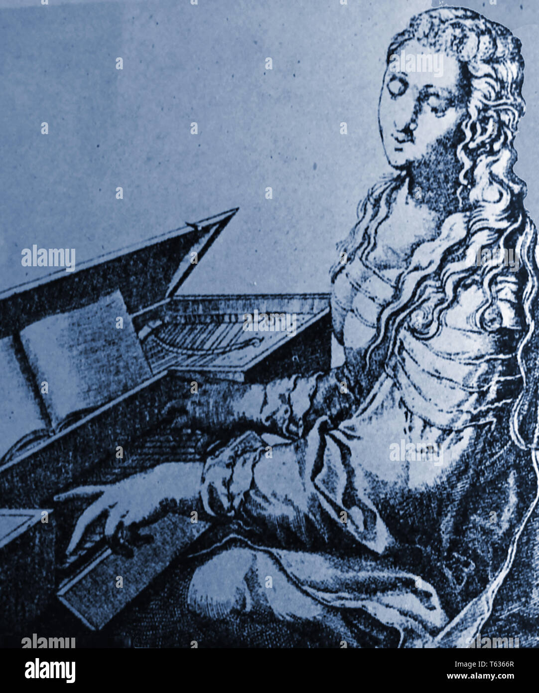 Musik - Eine historische Abbildungen zeigen eine langhaarige Frau spielen aus dem 17. Jahrhundert Spinett (Cembalo) Stockfoto