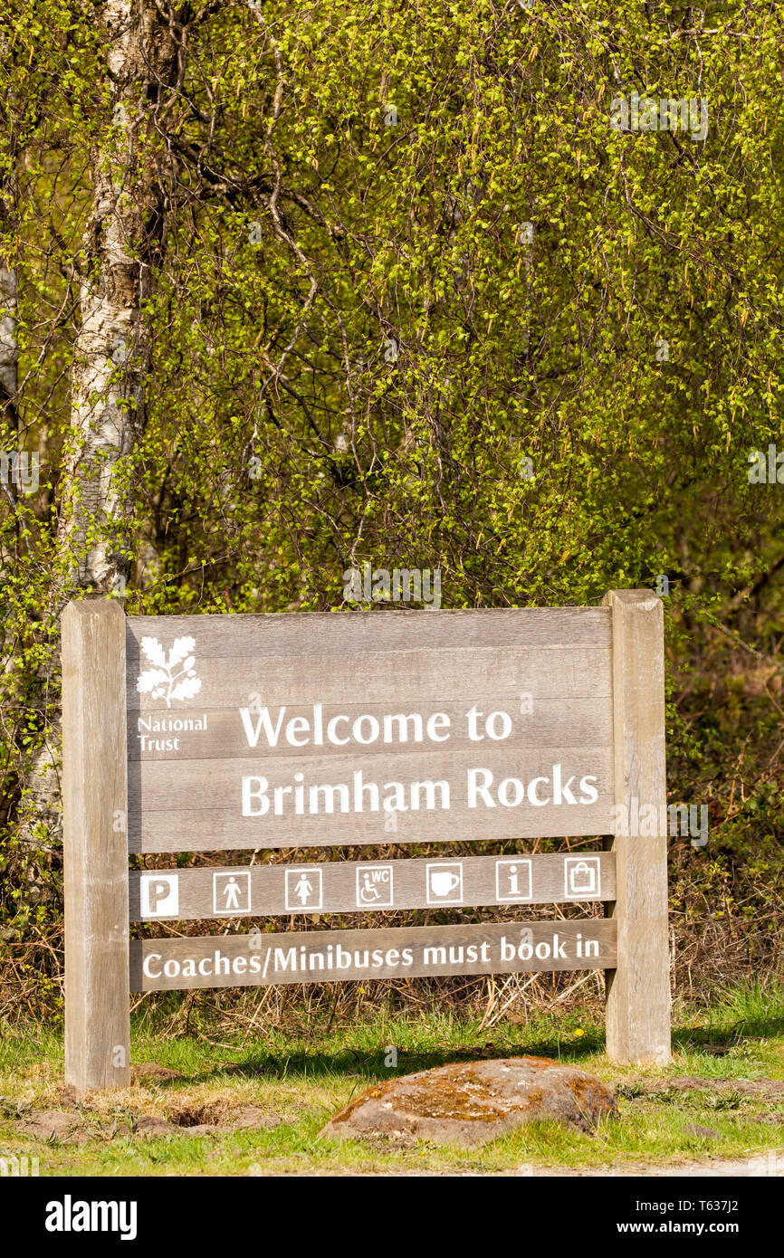 Aushang Schild Willkommen bei Brimham Rocks National Trust Lage in Nidderdale in den Yorkshire Dales England Großbritannien Stockfoto