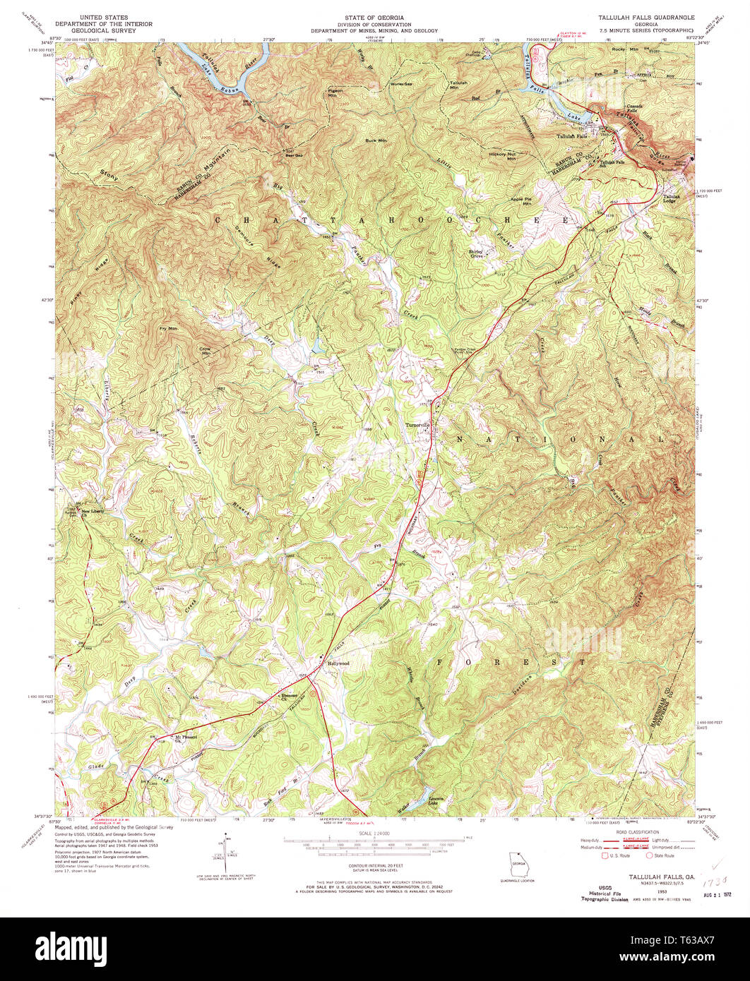 USGS TOPO Karte Georgia ga Tallulah Fällt 247092 1953 24000 Wiederherstellung Stockfoto