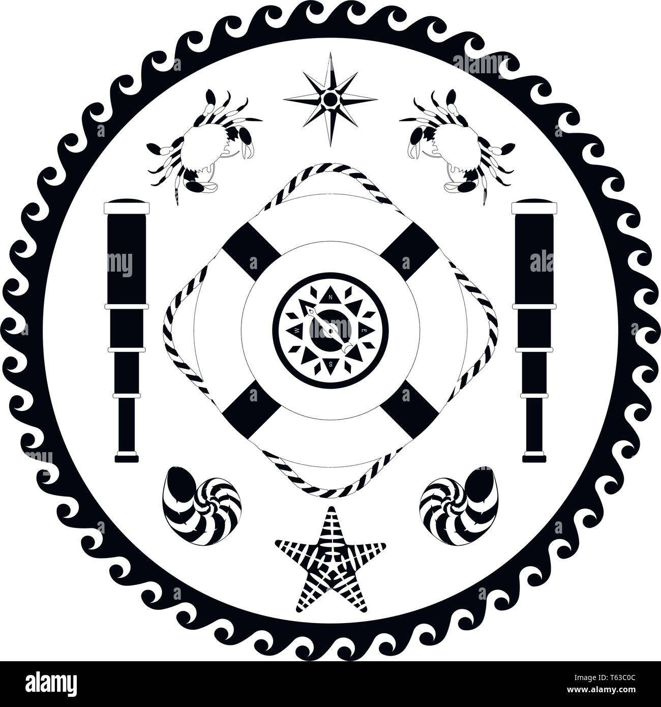 Nautische Kreis schwarz-weiss Poster. Cartoon Stil. Kompass, Kompass, Rettungsring, Teleskop, Krabben, Muscheln, Seesterne Stock Vektor