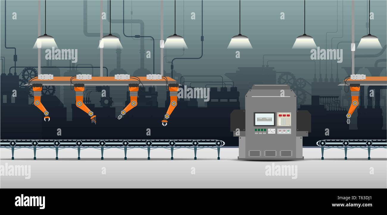 Automatisierung Fabrik mit Roboterarme, Maschine und Förderband flache Design Vector Illustration Stock Vektor