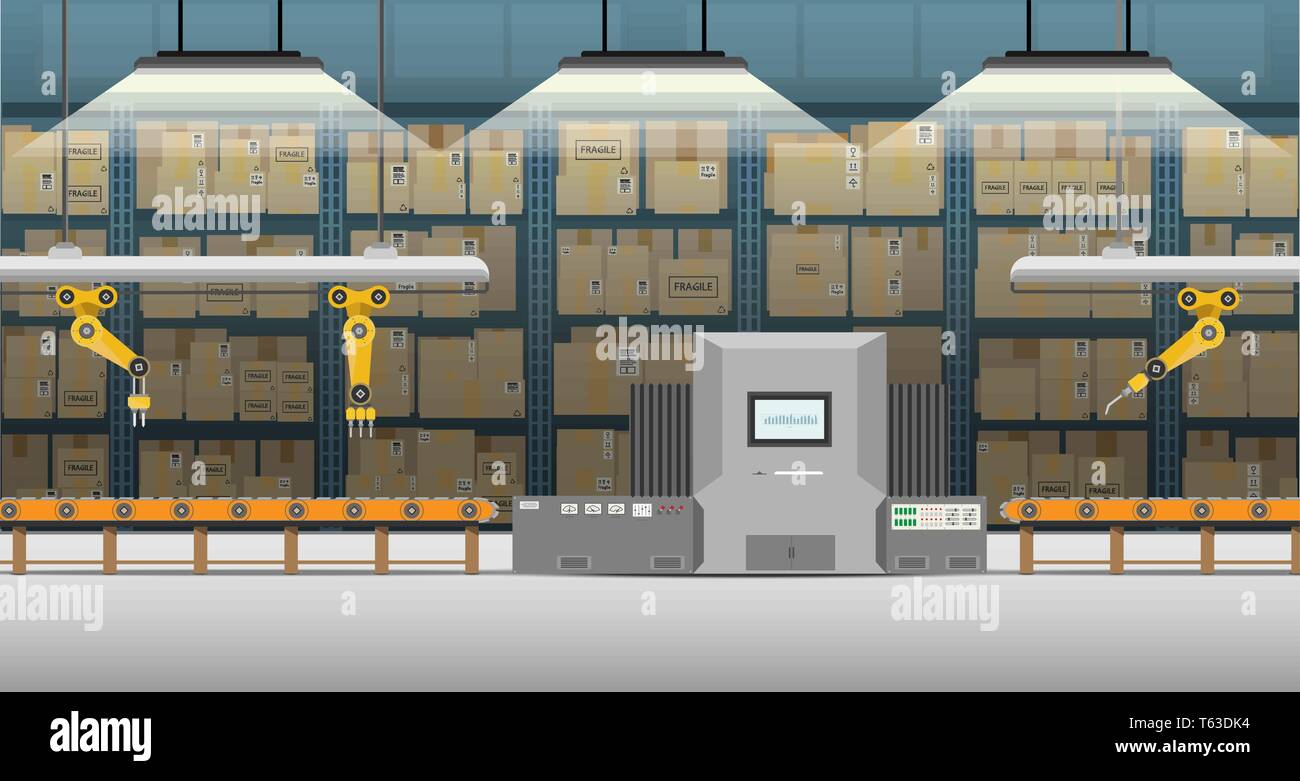 Automatisierung Fabrik mit Roboterarme, Maschine und Förderband flache Design Vector Illustration Stock Vektor
