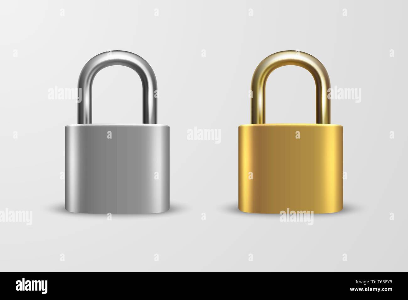 Vector 3d Realistische geschlossen Metall Goldenen und Silbernen Vorhängeschloss Set Closeup isoliert auf weißem Hintergrund. Design Template von Gold, Stahl Sperre für Stock Vektor