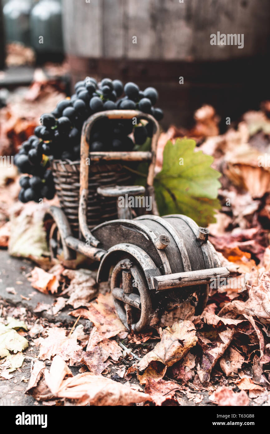 Herbst noch leben Trauben in einer Holz- Auto auf dem Hintergrund der Blätter im Herbst Stockfoto