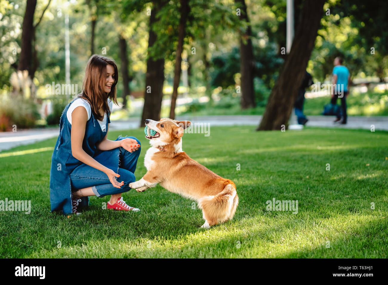 Portrait von Frau mit Hund Welsh Corgi Pembroke im Dog Park Stockfoto