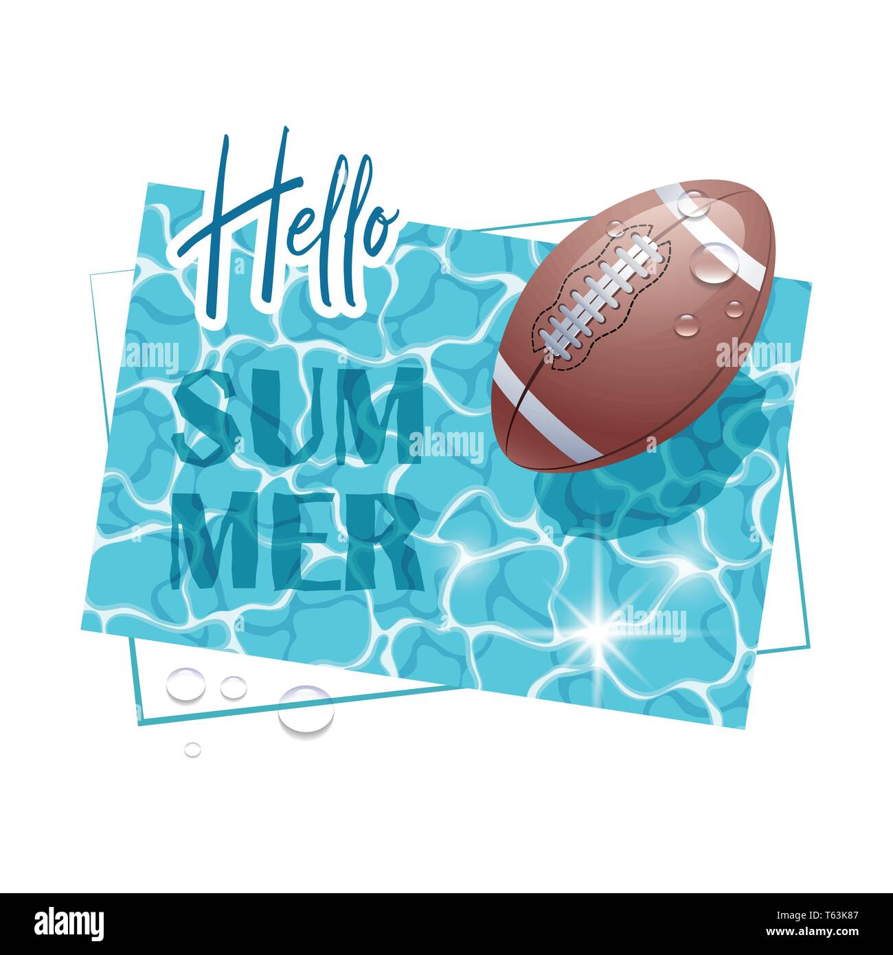 Hallo Sommer. Solar Wasser Oberfläche mit einem American Football ball und Wassertropfen. Blick von oben. Vector Illustration. Stock Vektor