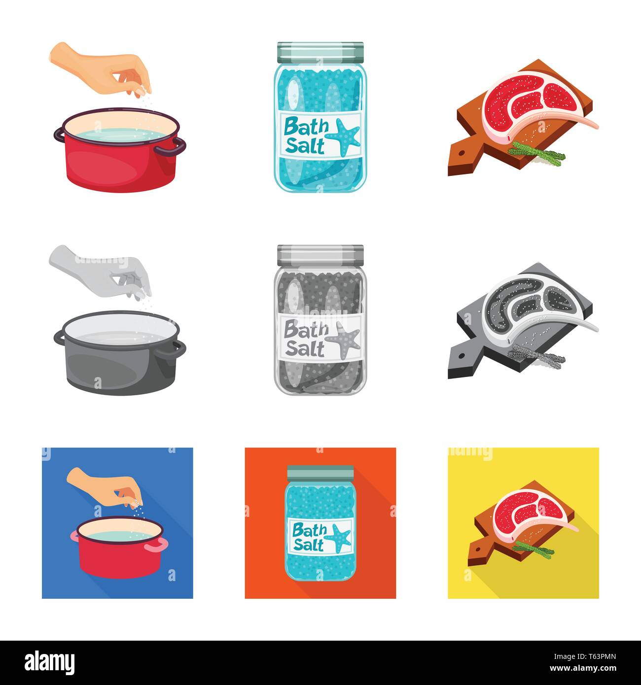 Kasserolle, Flasche, Fleisch, Wasser, salzig, Brett, Badewanne, arm, Spa, Restaurant, Gewürze, Vintage, Streuen, Pulver, weiß, Mehl, sauber, Container, Picknick, kochen, Meer, Natur, Backen, Salz, Nahrungsmittel-, Natrium-, Mineral, Raw, Küche, Set, Vector, Icon, Illustration, isoliert, Sammlung, Design, Element, Grafik, Zeichen, Vektor, Vektoren, Stock Vektor