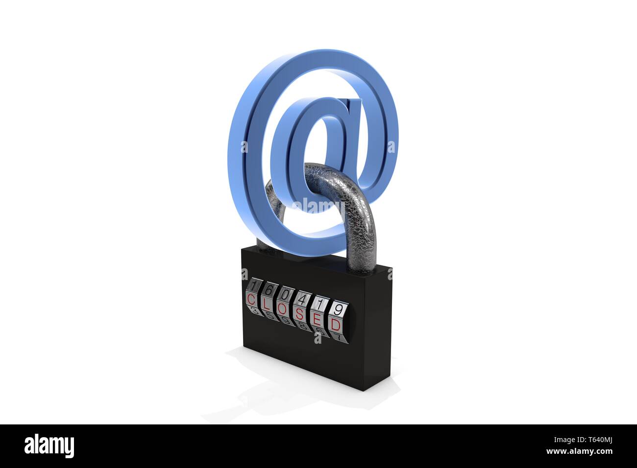 3D-Illustration: Vorhängeschloss sperrt das e-Mail Symbol, Zahlenschloss mit rotem Text 'Geschlossen', auf weißem Hintergrund, das Konzept einer nicht-freien www Stockfoto