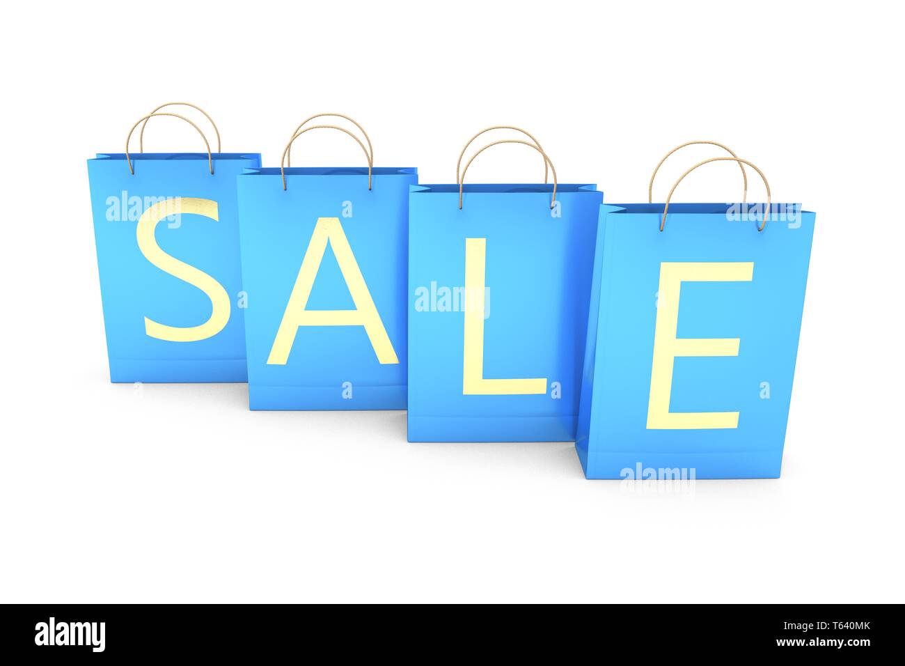 3D-Illustration: Hellblau Pakete mit der Inschrift in gelben Buchstaben "Verkauf", auf weißem Hintergrund, Papier Shopping Bag voller Einkäufe Stockfoto