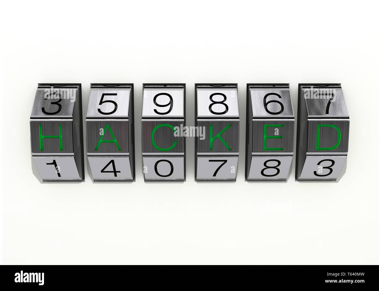 3D-Illustration: Ansicht schließen aus Metall 6-stelliges Zahlenschloss mit schwarzen Zahlen und grüner Text "gehackt", auf weißem Hintergrund, www-Konzept Stockfoto