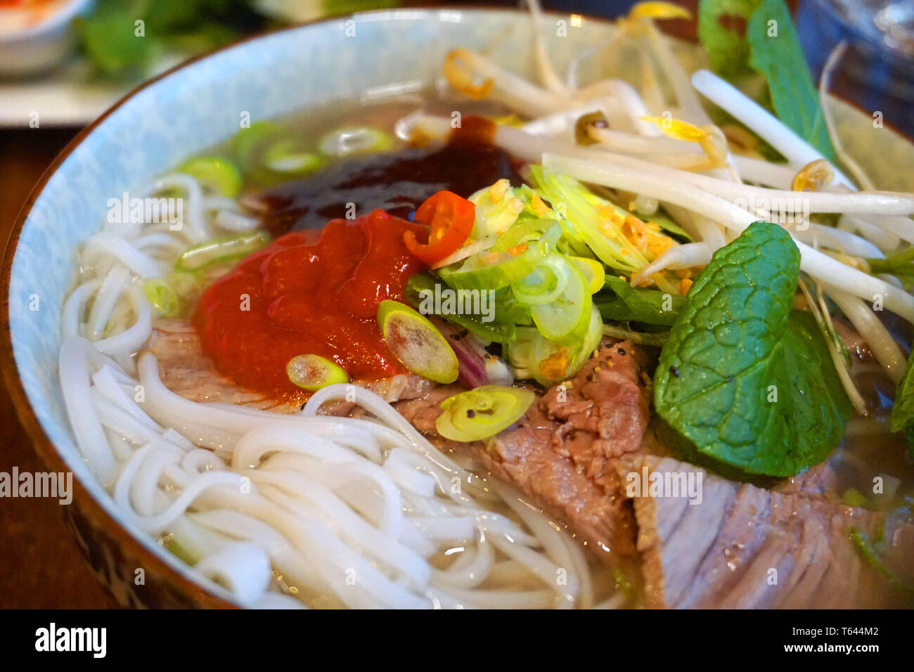 Pho Bo - Lecker Rindfleisch und Huhn Nudeln Suppen asiatische Küche  berühmte vietnamesische Küche mit Rinderbrühe Frühlingszwiebel hoisin Sauce  Sojasauce chilly Kraut Stockfotografie - Alamy