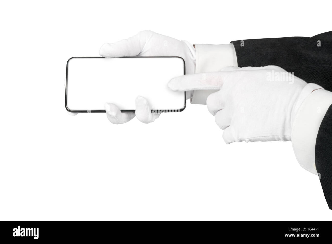Mann in Anzug und weissen Handschuhen mit Smart Phone. In Weiß mit Freistellungspfad isoliert, kopieren Sie Platz auf dem Bildschirm des Smartphones Stockfoto