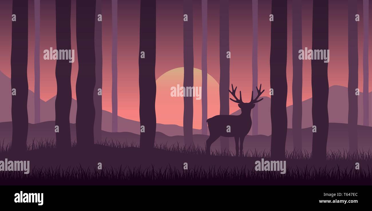 Einsame Wildnis Rentiere im Wald lila Natur Landschaft im Sunshine Vektor-illustration EPS 10. Stock Vektor