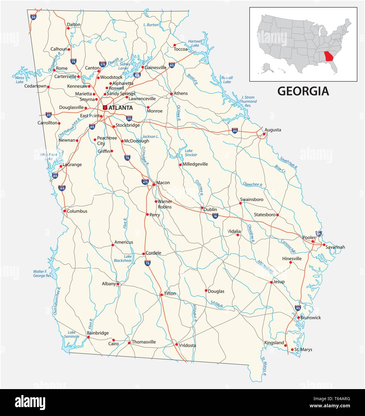 Straßenkarte des US-amerikanischen Bundesstaates Georgia Stock Vektor